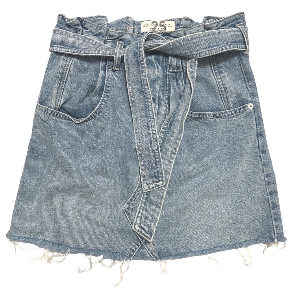 We The Free East of Eden Paperbag Belted Denim Mini Skirt Blue‎ Raw Hem 25 Boho